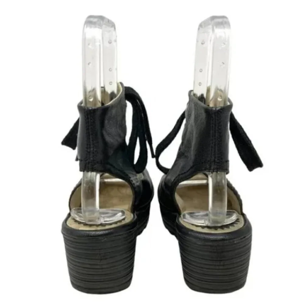 Fly London Yaba Black Leather Lace Up Open Toe Wedge Platforms - Size 6.5